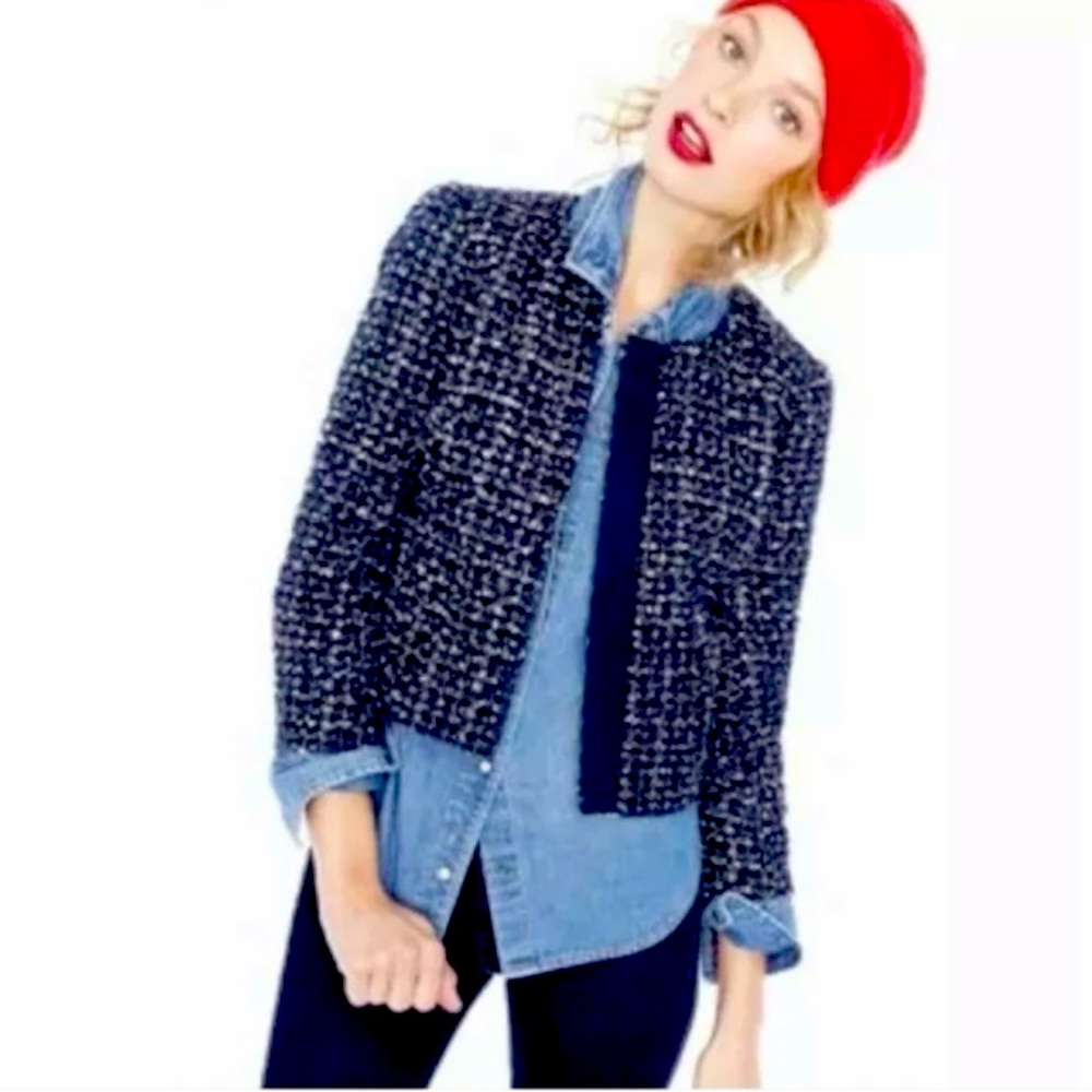 J. Crew (factory) midnight blue & black tweed with metallic thread for shimmer.